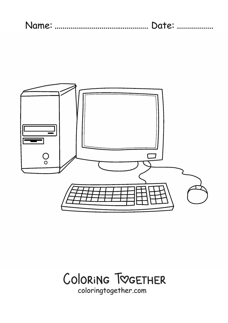 Coloring page of a computer with keyboard and mouse