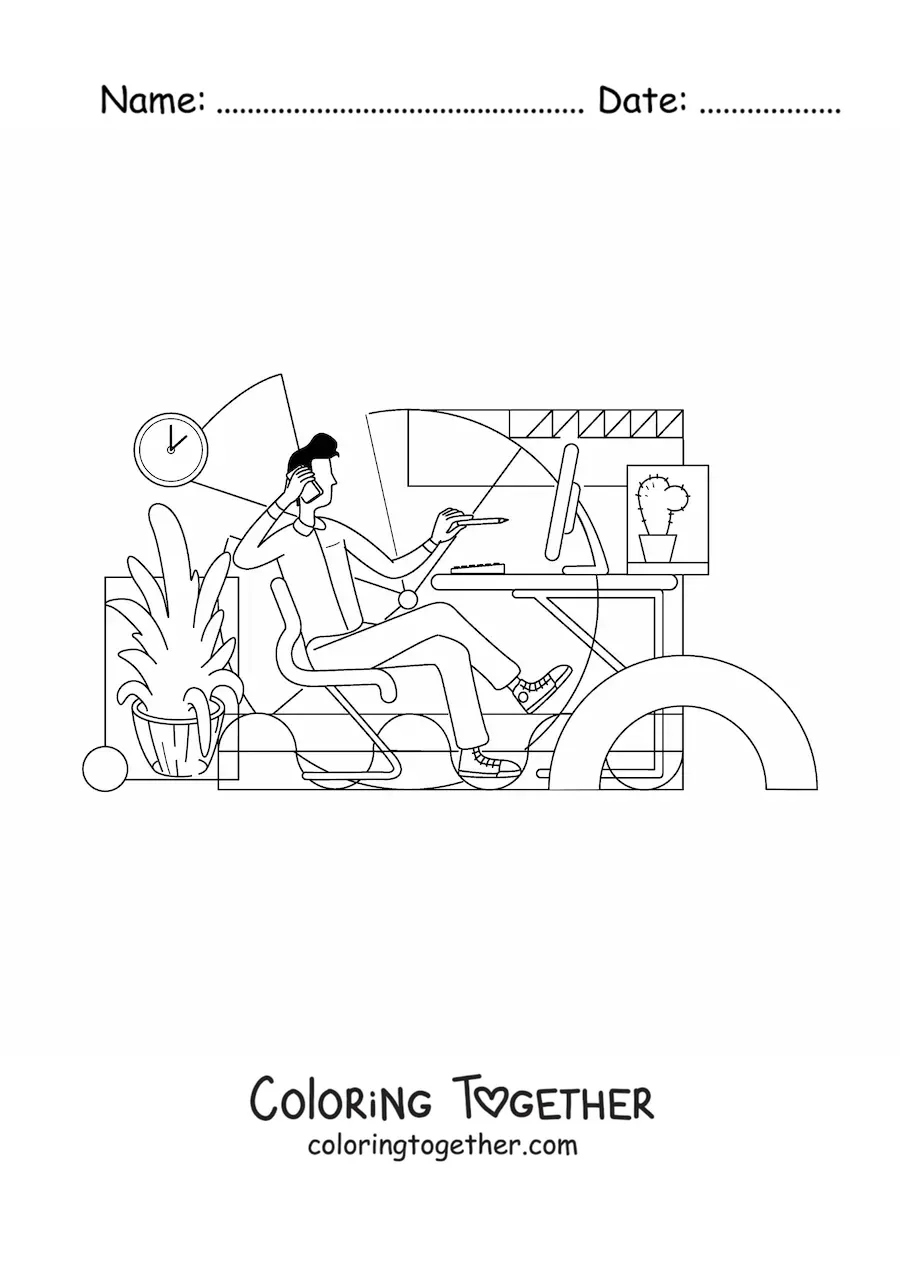 Coloring page of a man working at the computer