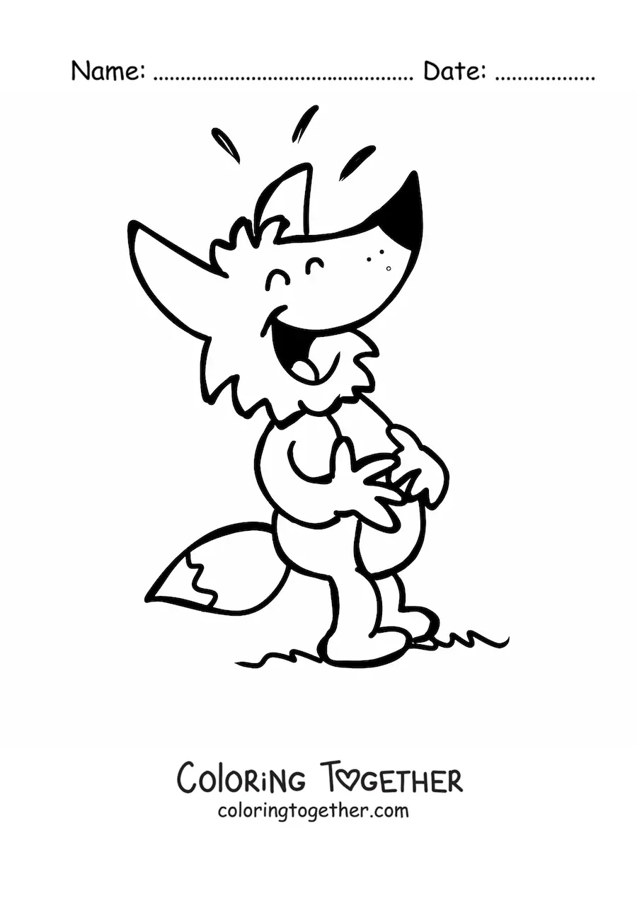 Coloring page of a cartoon fox holding its belly and laughing with its eyes closed