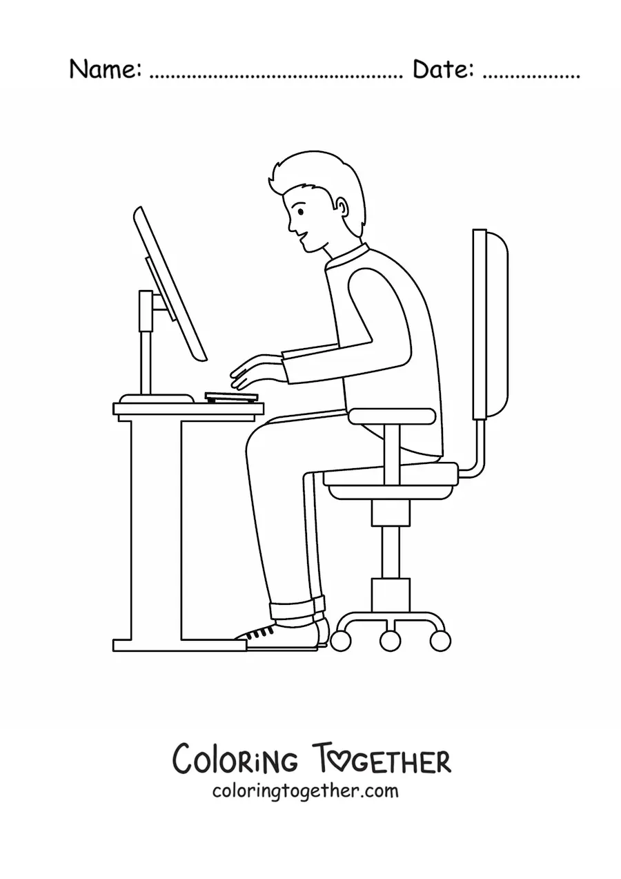 Coloring page of a man sitting at a desk with a modern computer