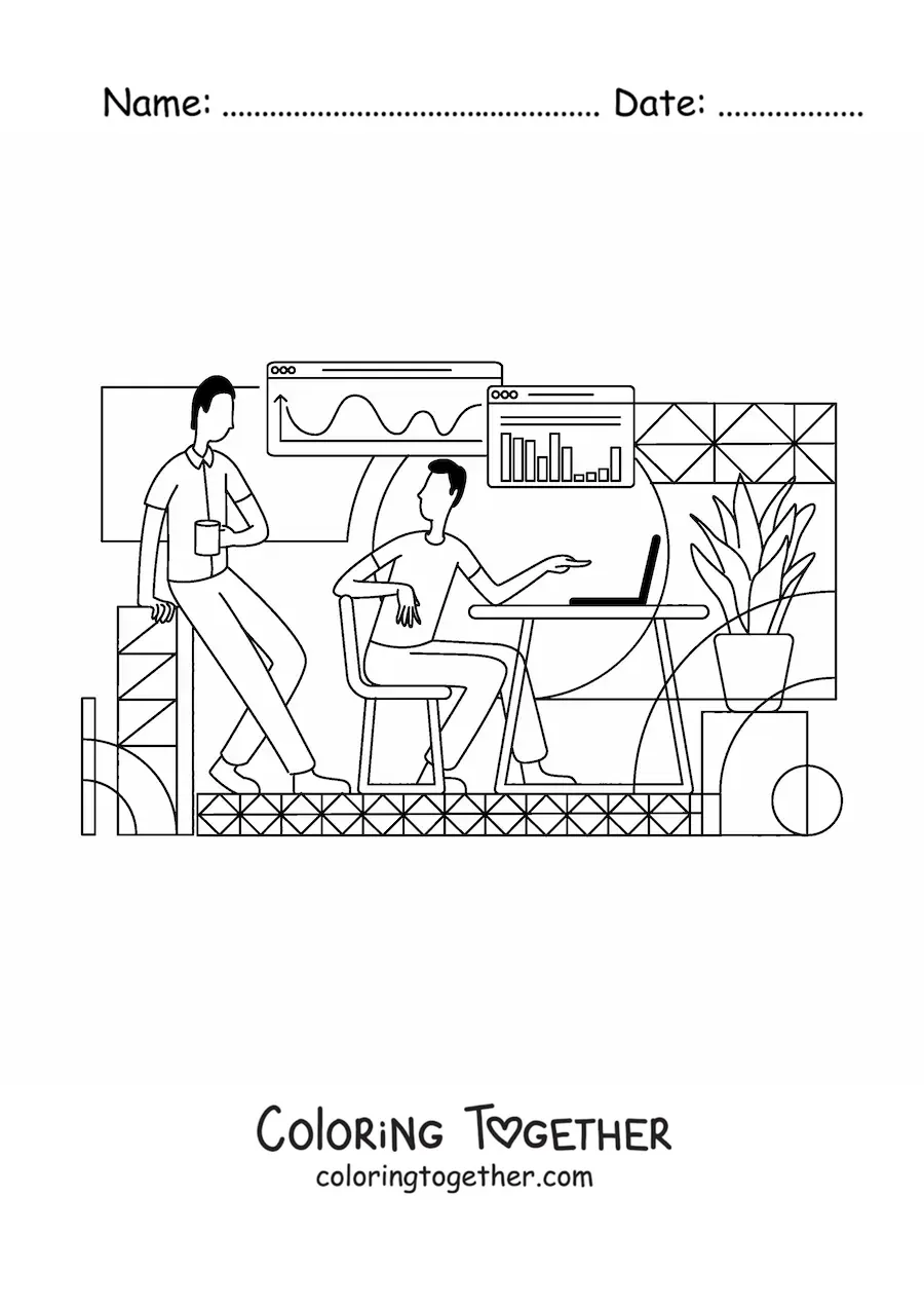 Coloring page of a man in an office with a laptop