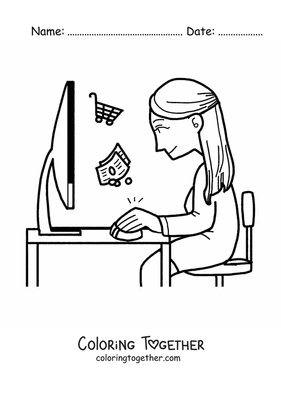 Coloring page of a woman shopping online on the computer
