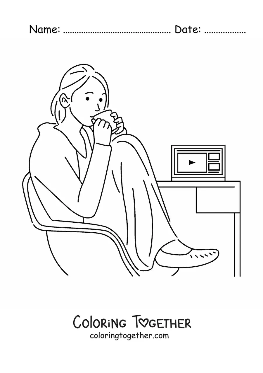 Coloring page of a woman sitting at a desk with a laptop