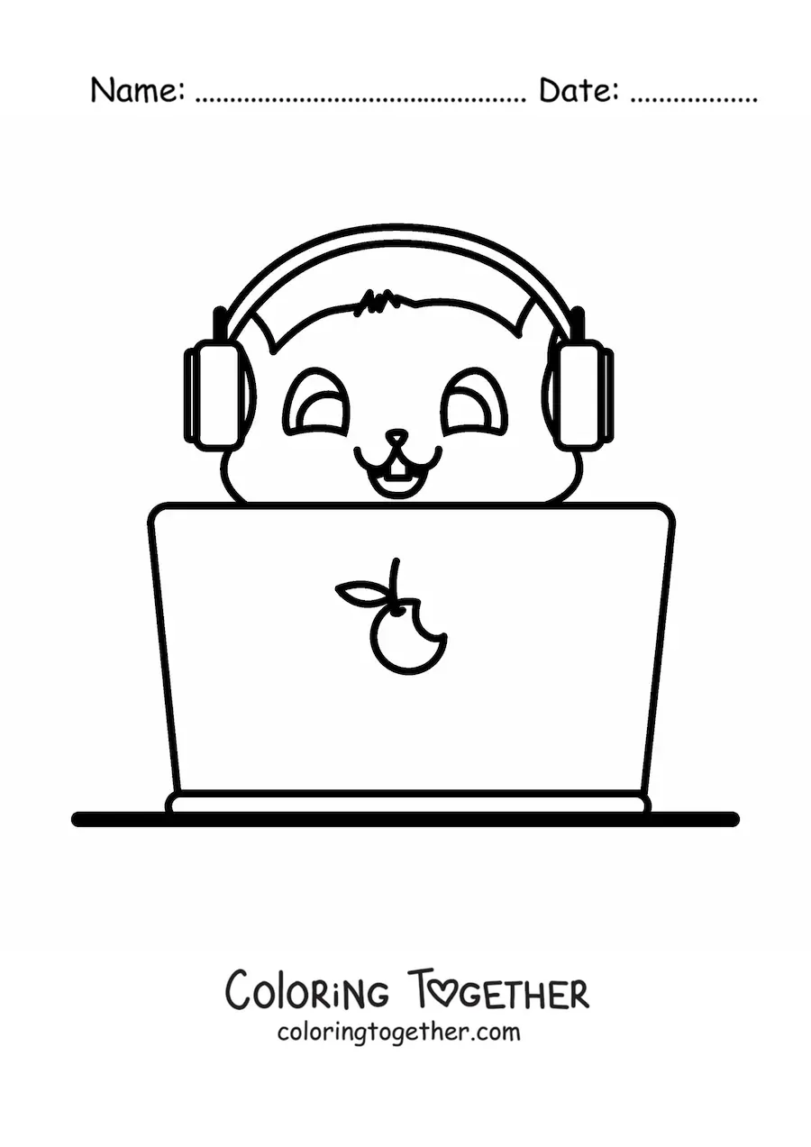 Coloring page of a kawaii cat with a laptop