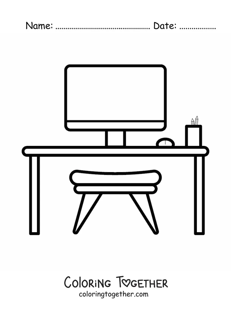 Coloring page of a desk with a computer