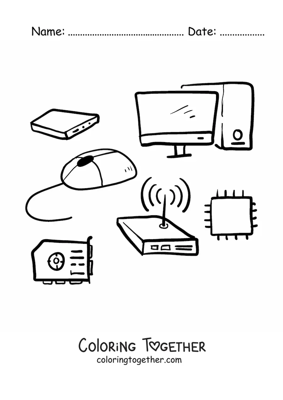 Coloring page of the parts of a computer