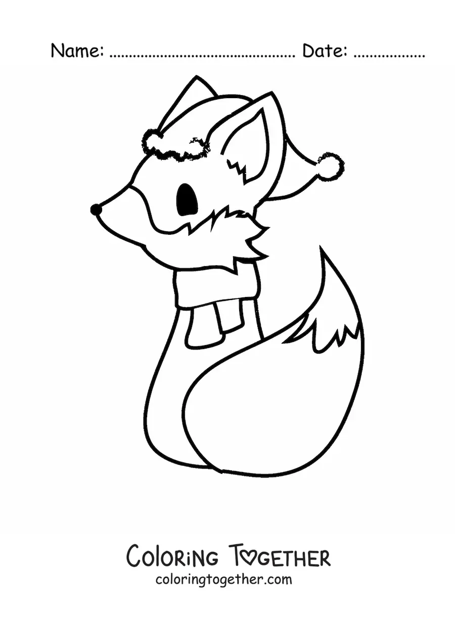 Coloring page of a cartoon fox sitting with its back turned, wearing a scarf and a Christmas hat