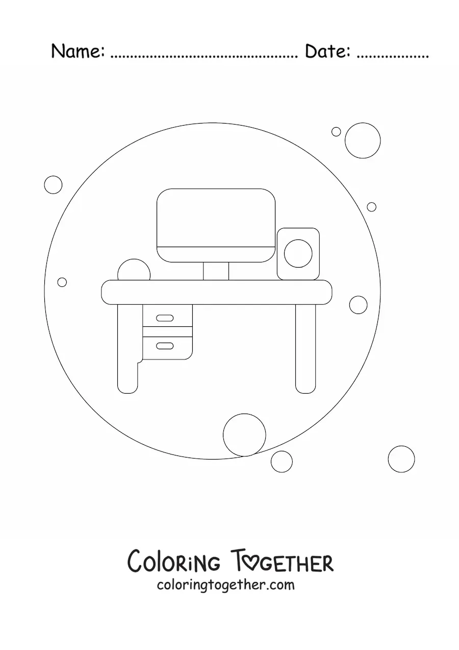 Coloring page of a personal desk with a computer