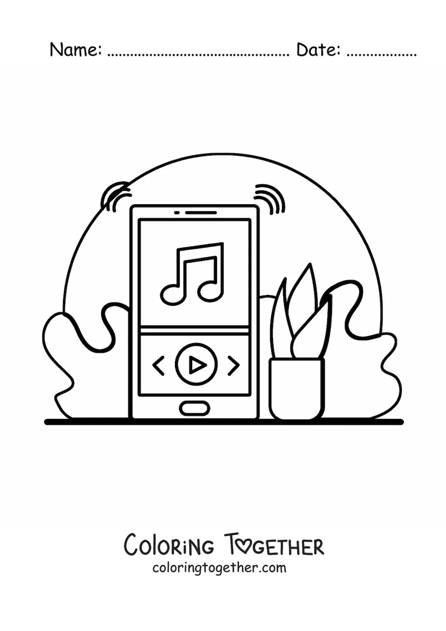 Coloring page of a cell phone playing music