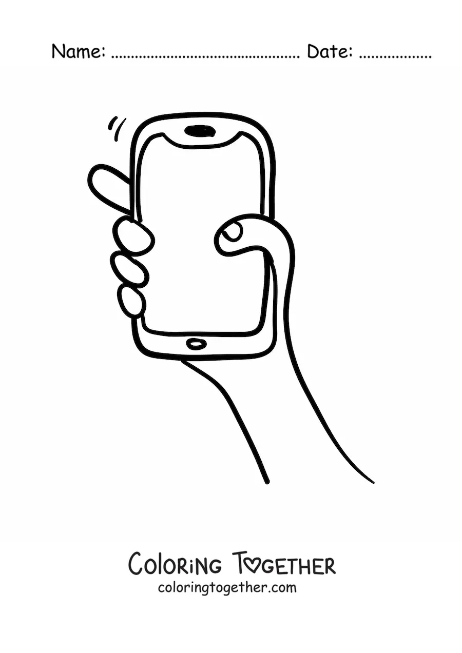 Coloring page of a hand holding a smartphone