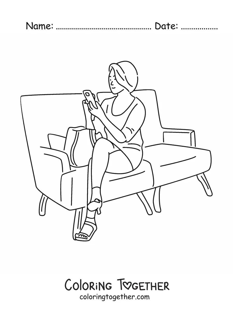 Coloring page of a woman sitting on the sofa using her phone