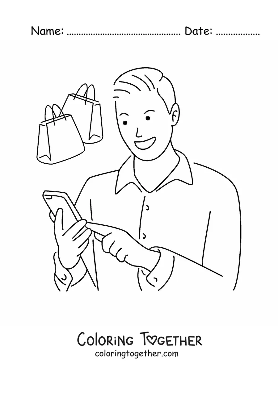 Coloring page of a man shopping online from his cell phone