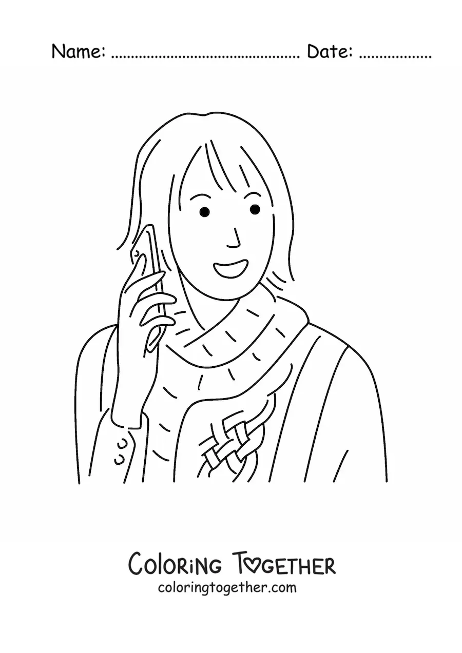 Coloring page of a girl talking on the phone