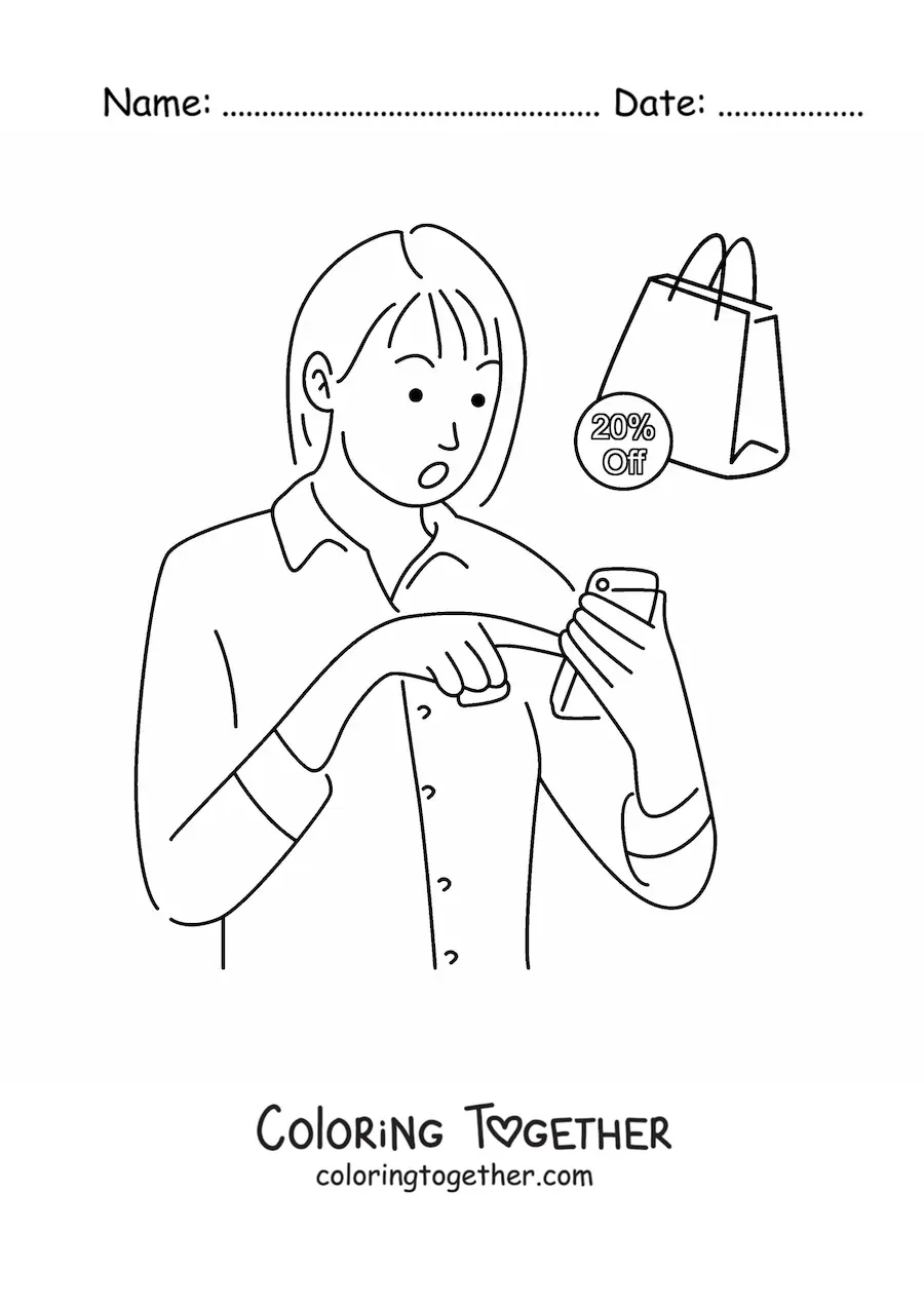Coloring page of a woman shopping online from her mobile