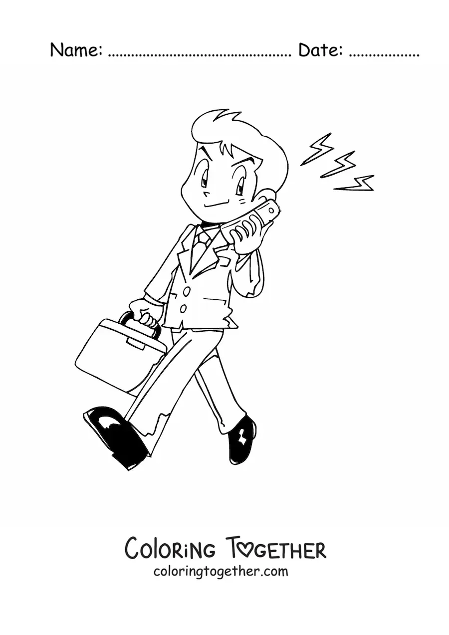 Coloring page of a man in a suit with a briefcase talking on an old telephone