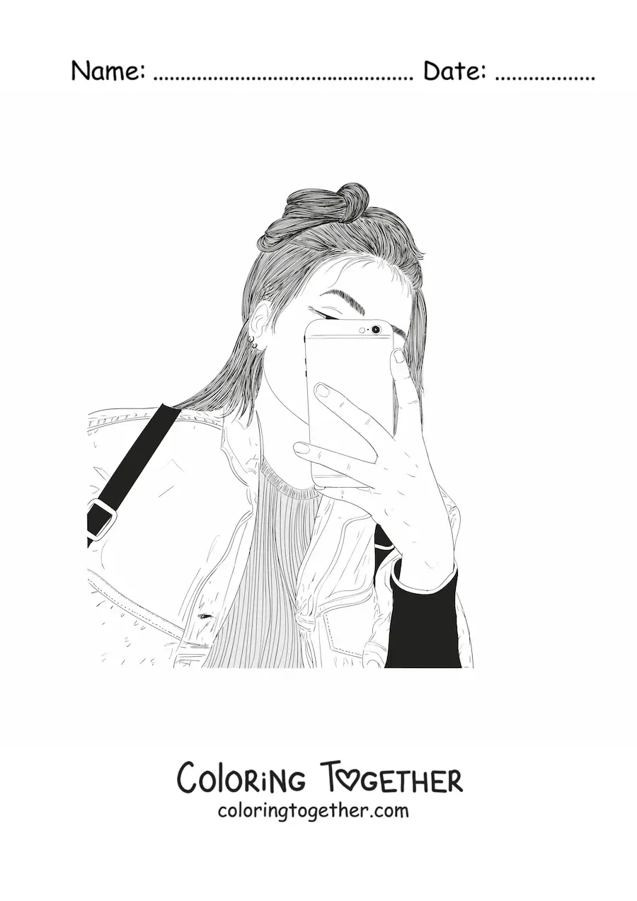 Coloring page of a girl taking a selfie with her cell phone