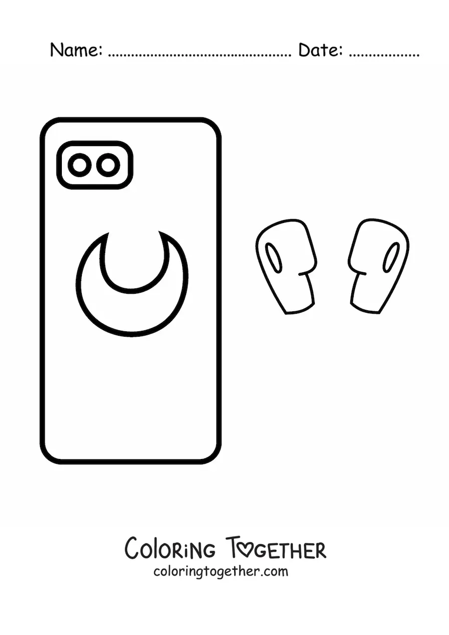 Coloring page of a phone with a moon drawing and wireless earbuds