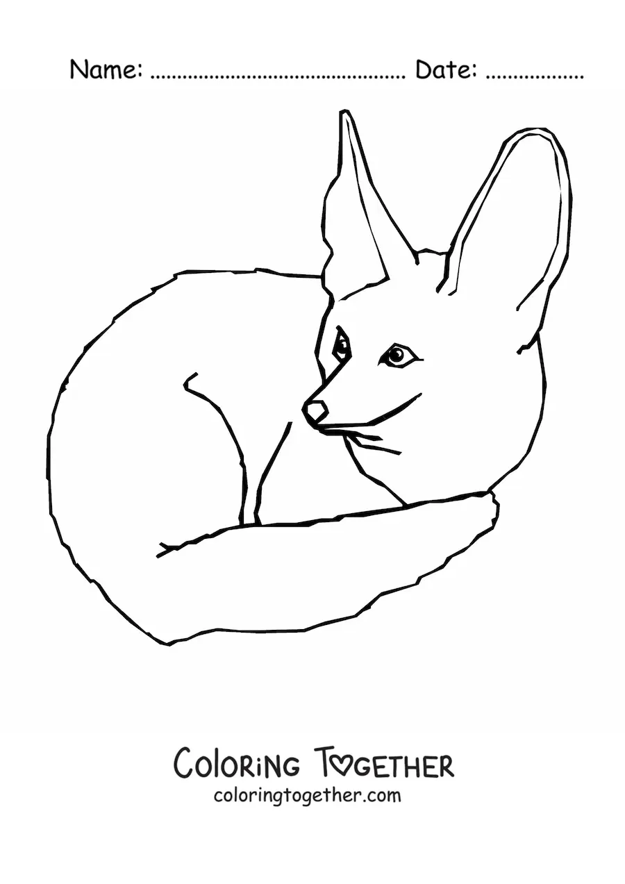 Coloring page of a desert fox crouching