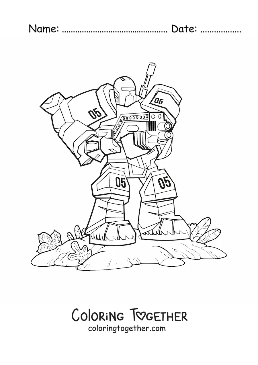 Coloring page of a war robot with a weapon