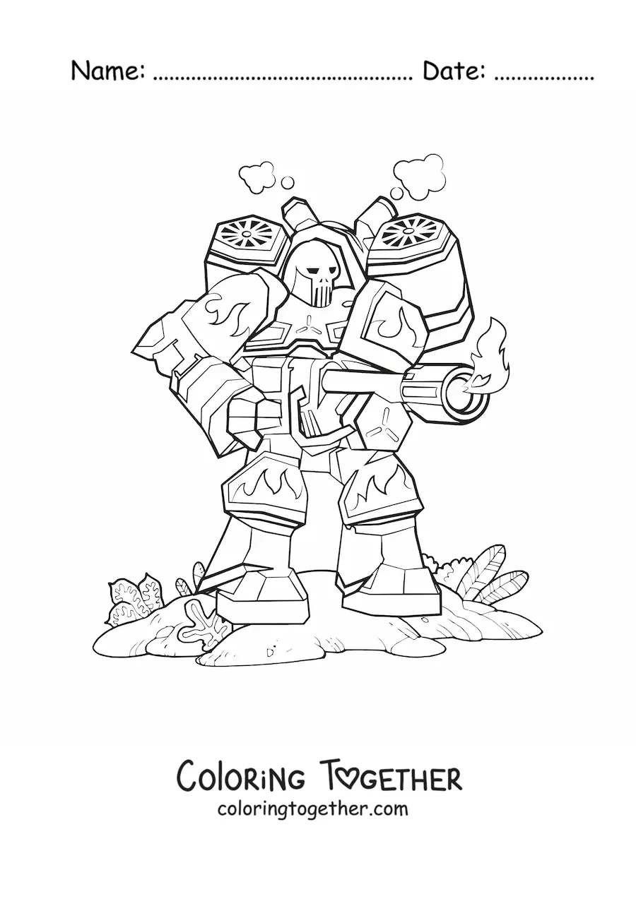 Coloring page of a combat robot shooting