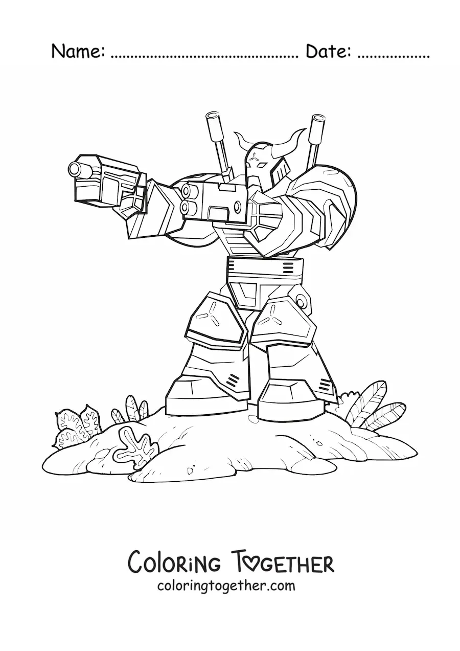 Coloring page of a killer robot aiming a weapon