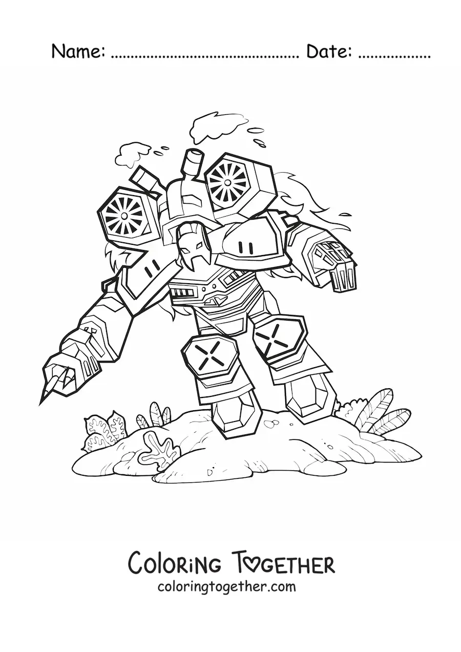 Coloring page of a war robot flying