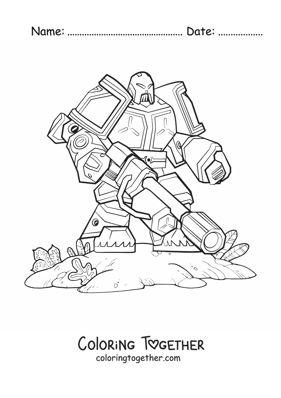 Coloring page of a combat robot in battle
