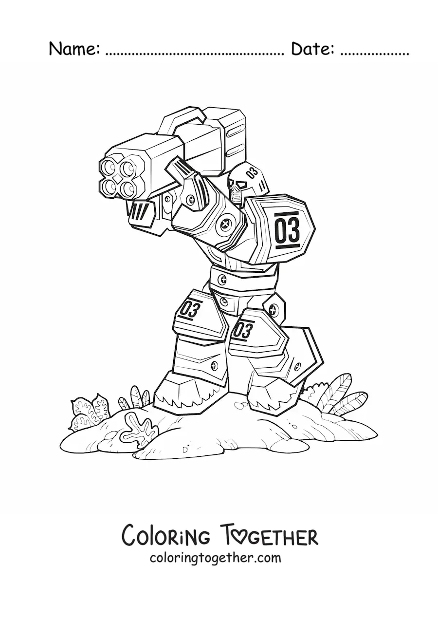 Coloring page of a robot with a giant weapon