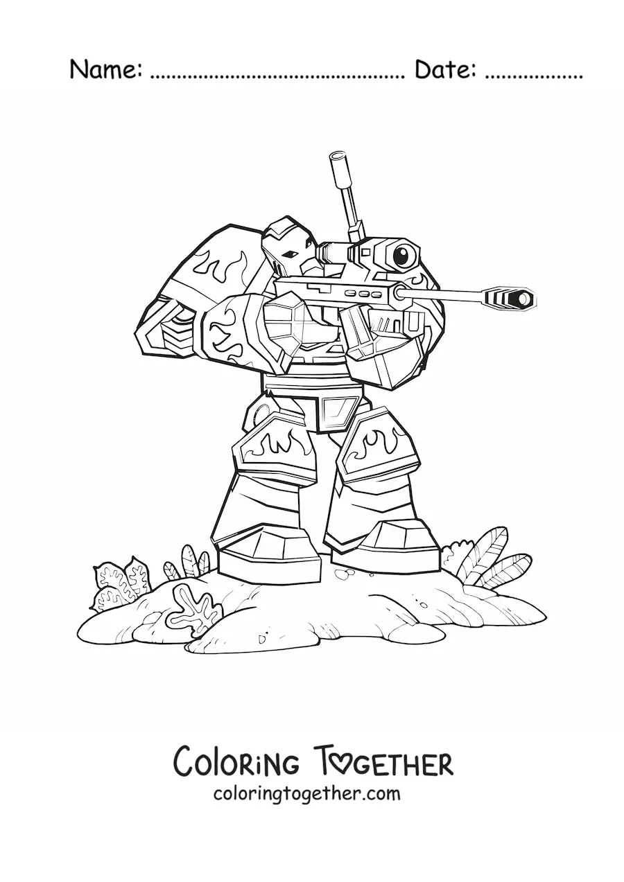Coloring page of a war robot firing a weapon