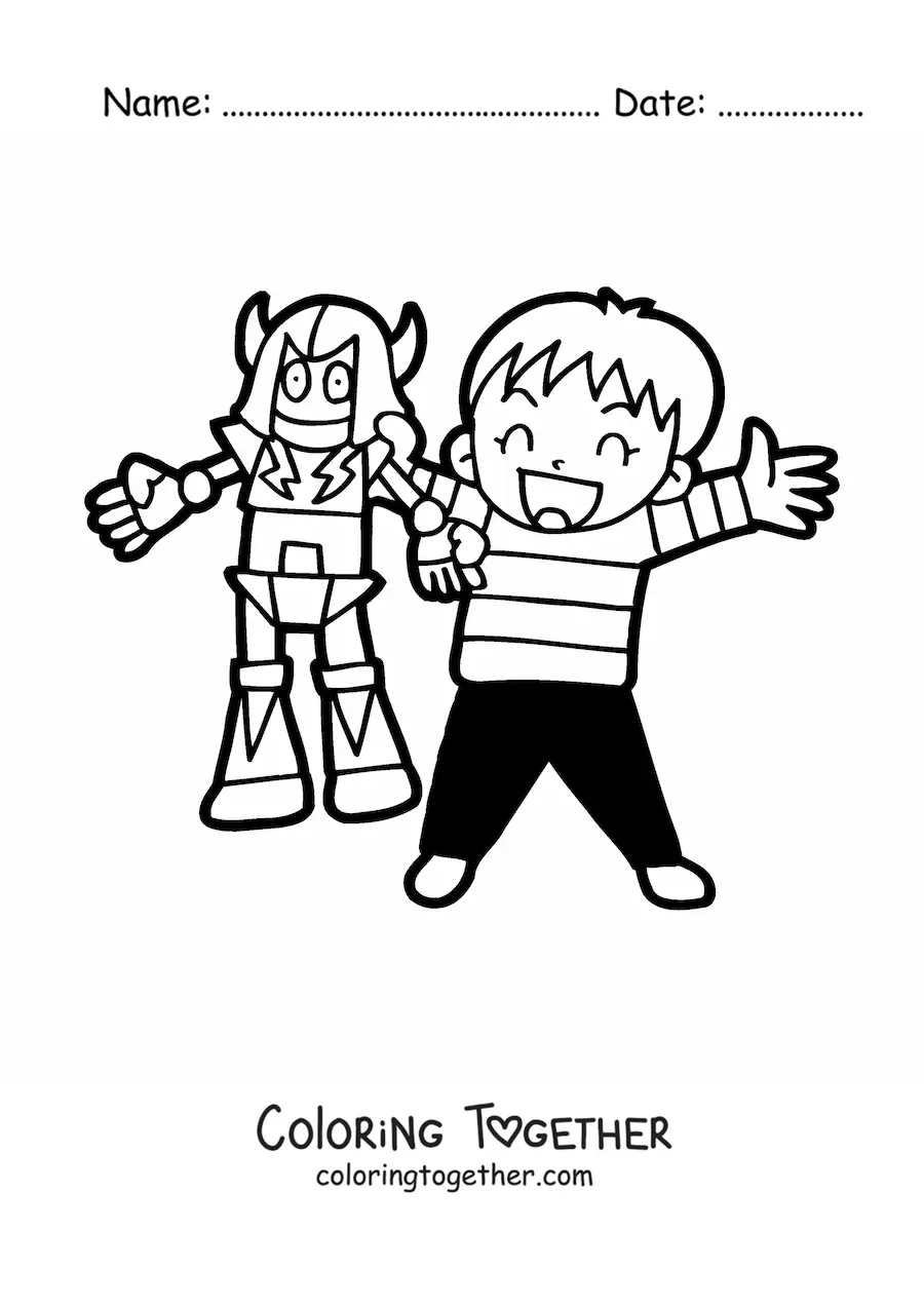 Coloring page of a boy with a toy robot