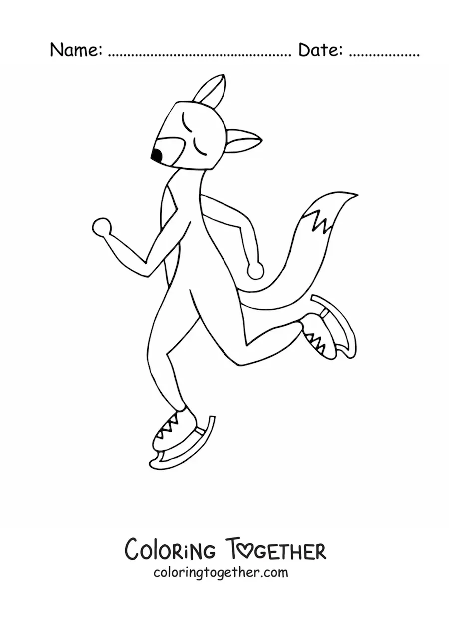 Coloring page of a cartoon fox skating with its eyes closed