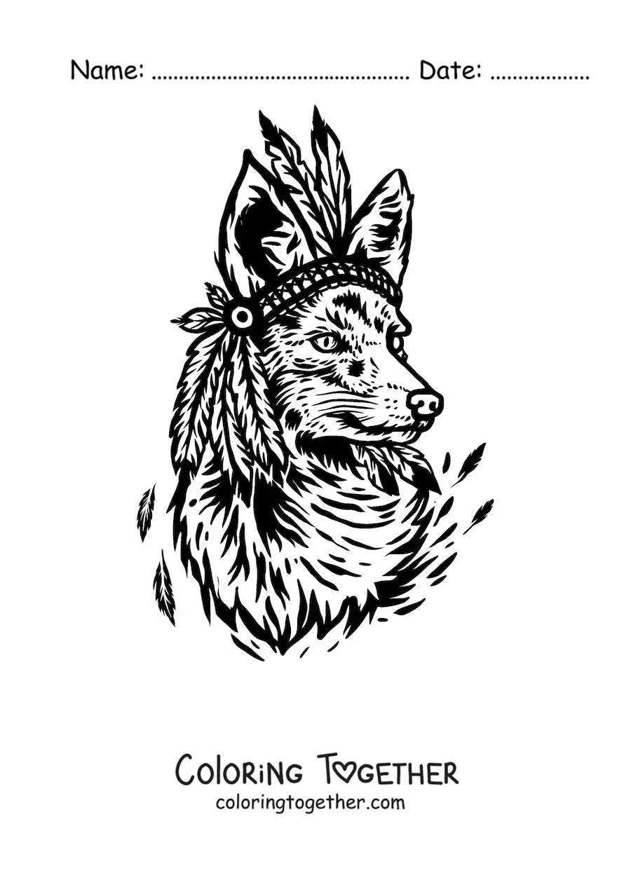 Coloring page of a wild fox wearing a feather headdress