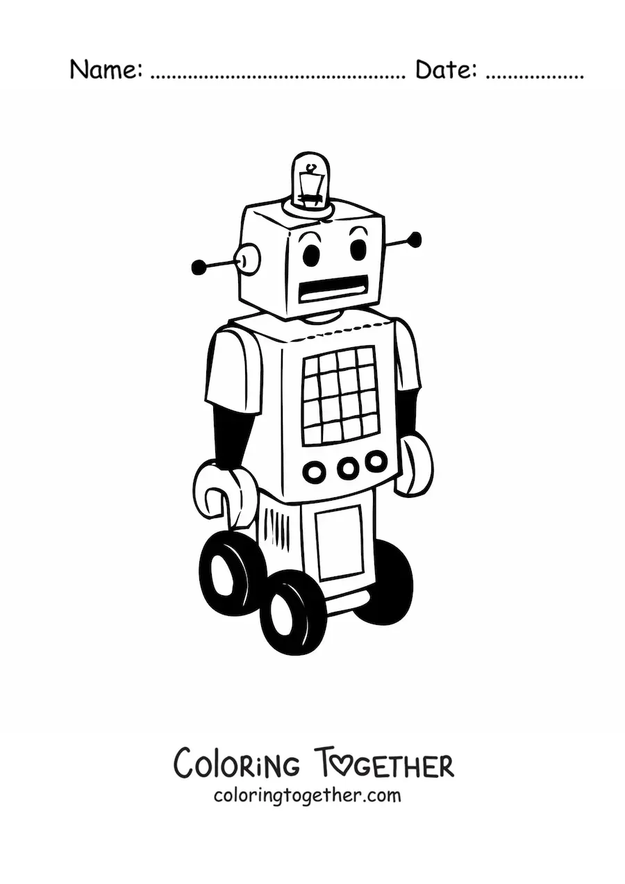 Coloring page of a retro robot with wheels