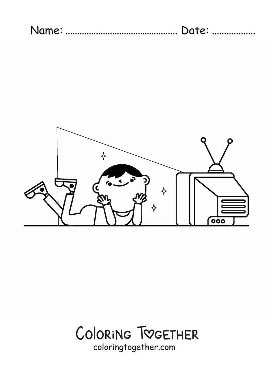 Coloring page of a boy watching television