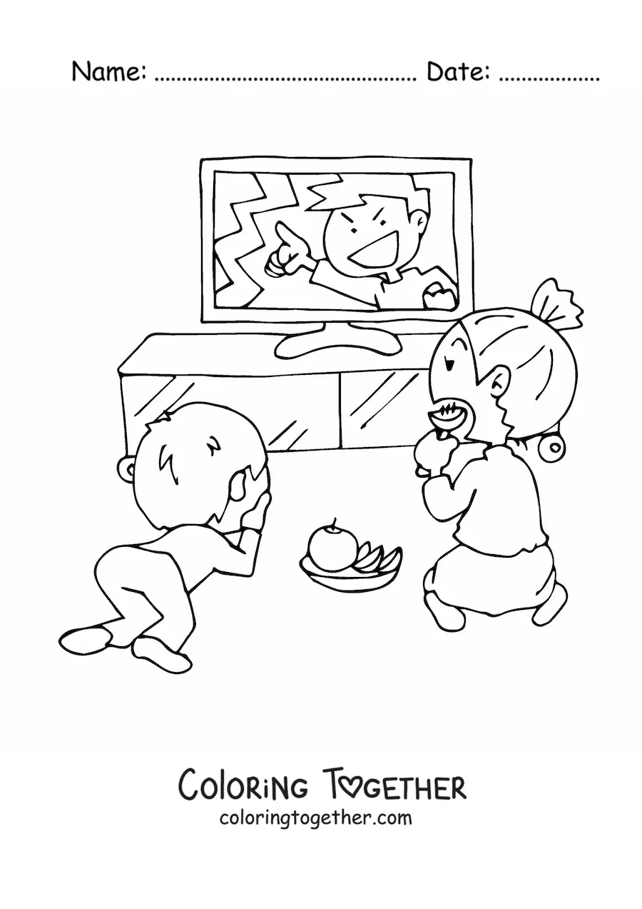 Coloring page of a mother and her son watching television