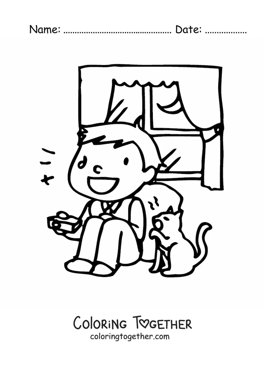 Coloring page of a boy watching television sitting on the couch