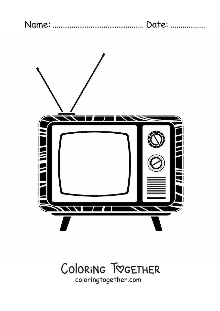 Coloring page of an old television set with an antenna