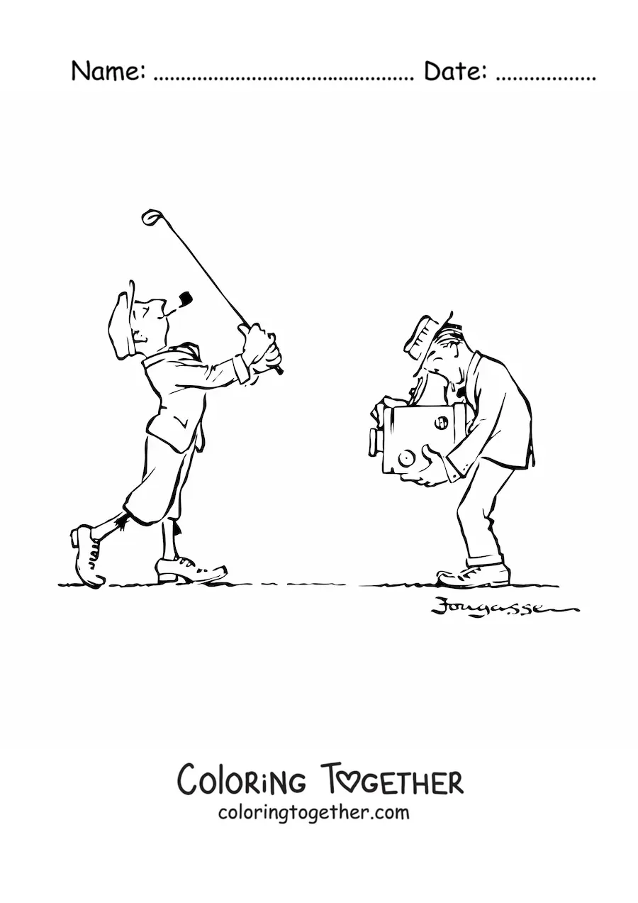 Coloring page of a golfer and an old camera