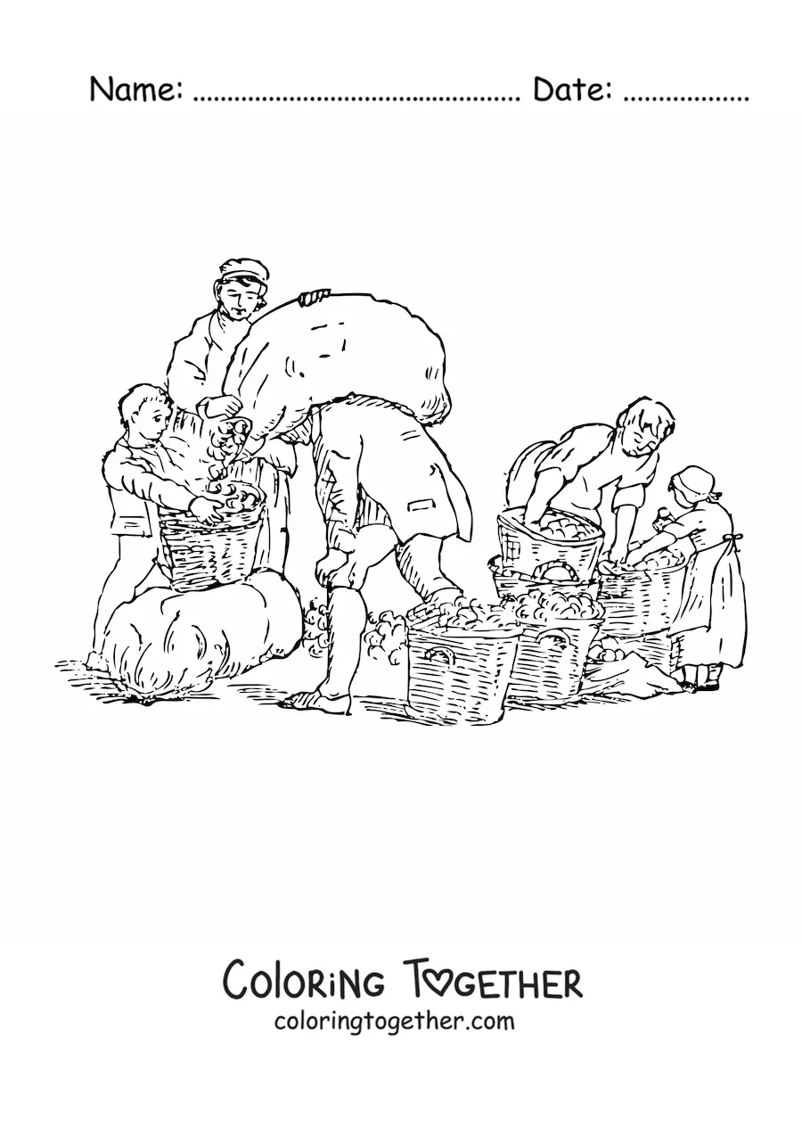 Coloring page of farmers harvesting apples with baskets and sacks