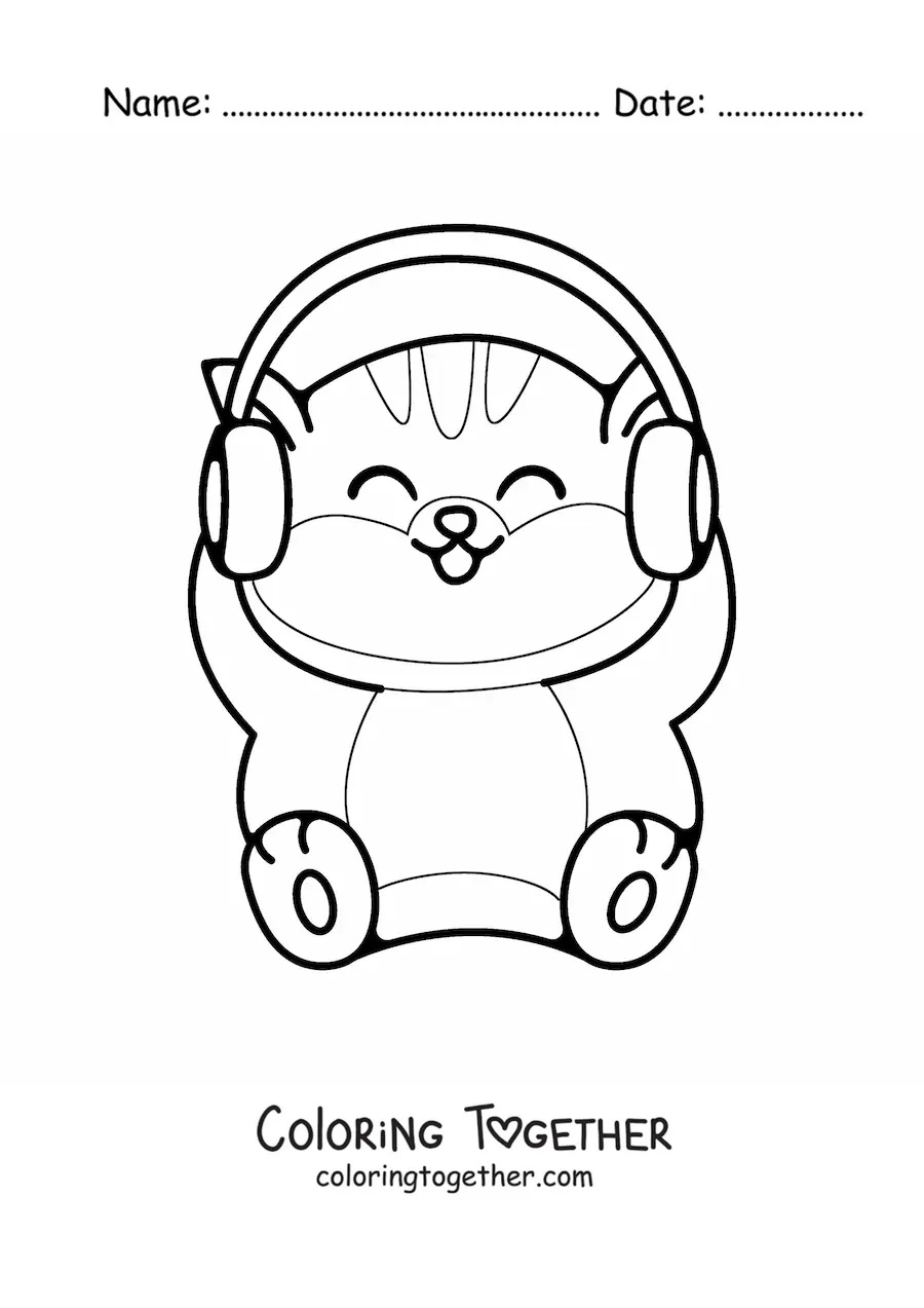 Coloring page of a cartoon kawaii cat with headphones on its head