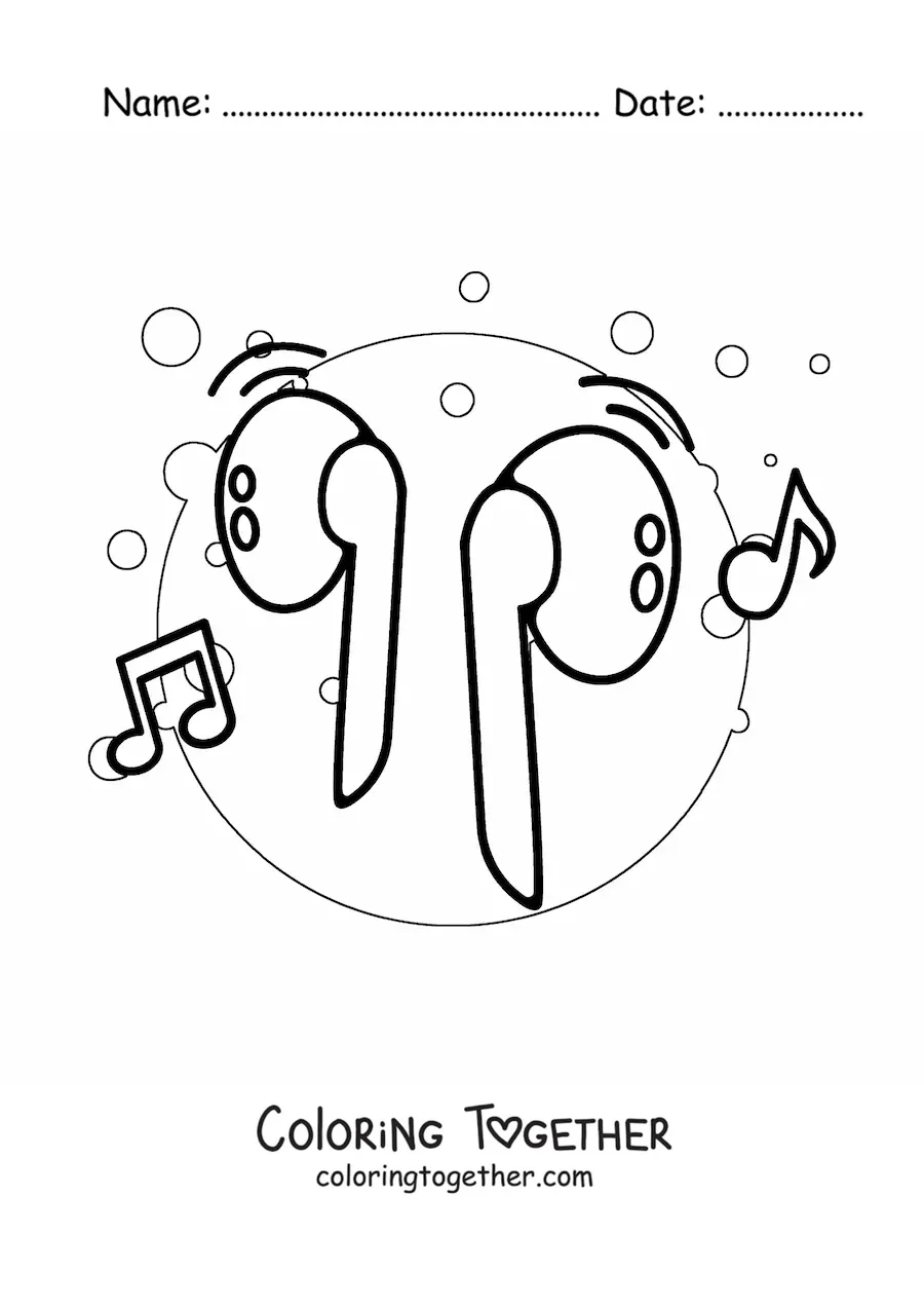Coloring page of wireless headphones with musical notes