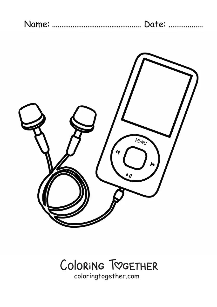 Coloring page of a music player with headphones connected