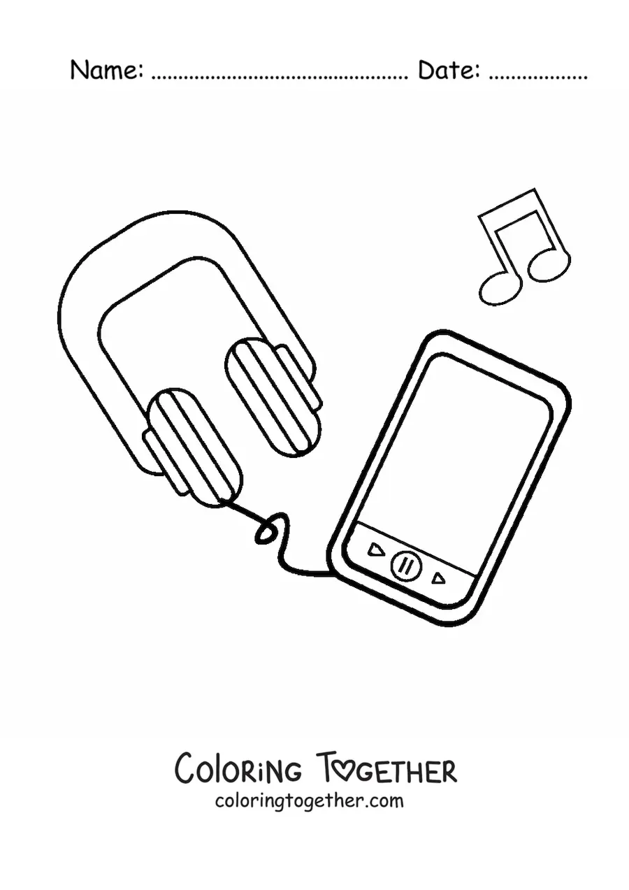 Coloring page of a smartphone with headphones and musical notes