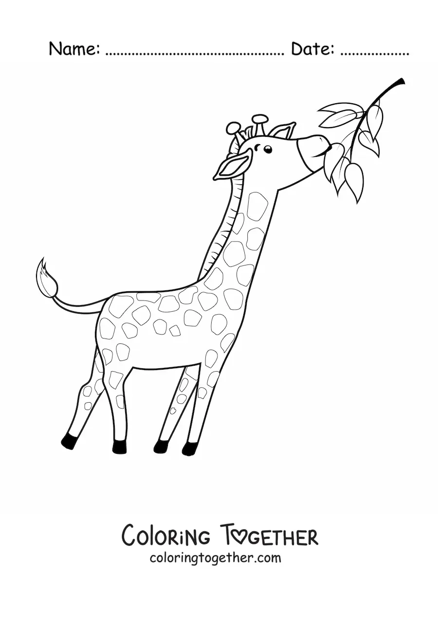 Coloring page of a cartoon giraffe stretching its neck to eat leaves