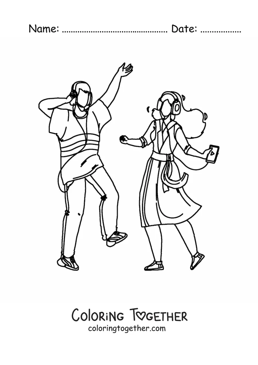 Coloring page of a couple dancing with headphones