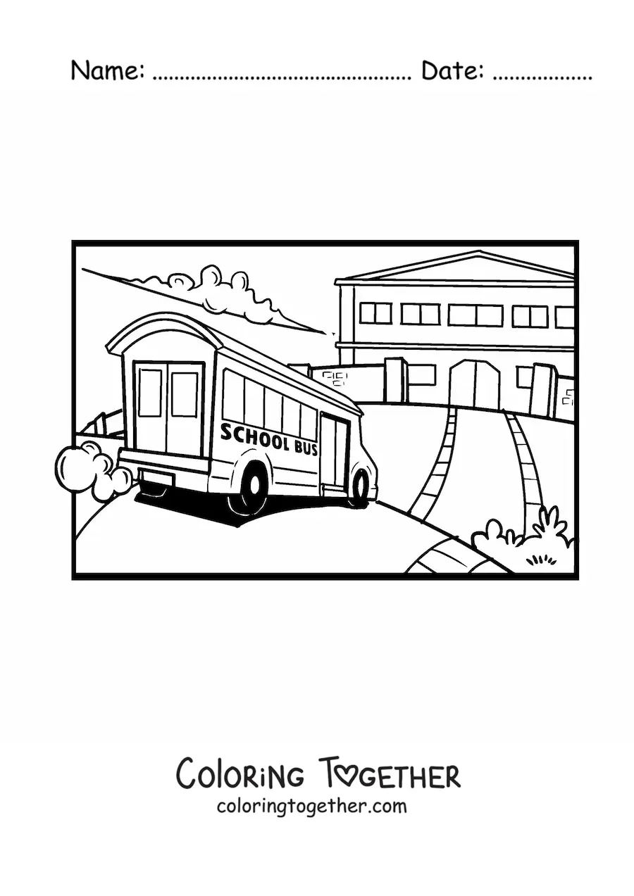Coloring page of a school bus arriving at school