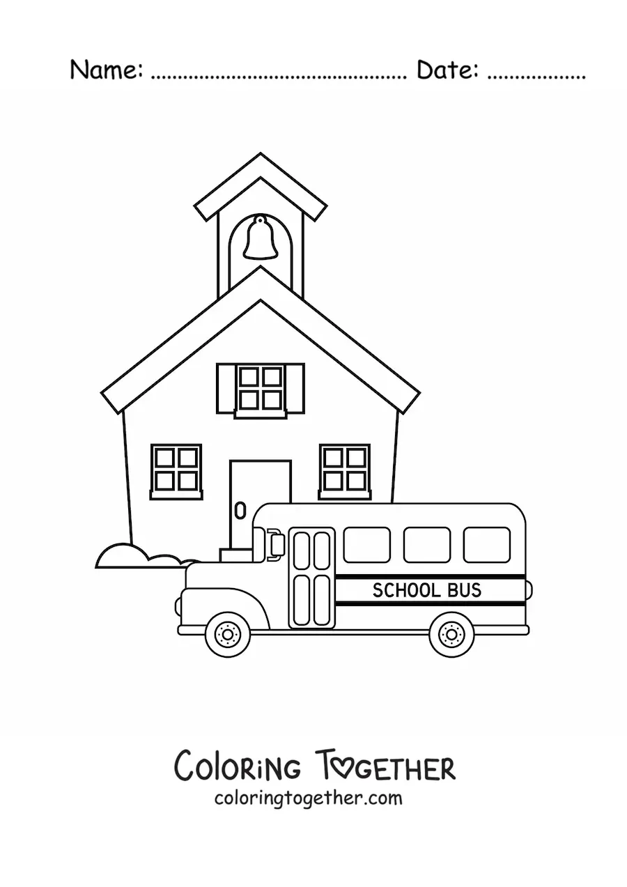 Coloring page of a school bus at the school
