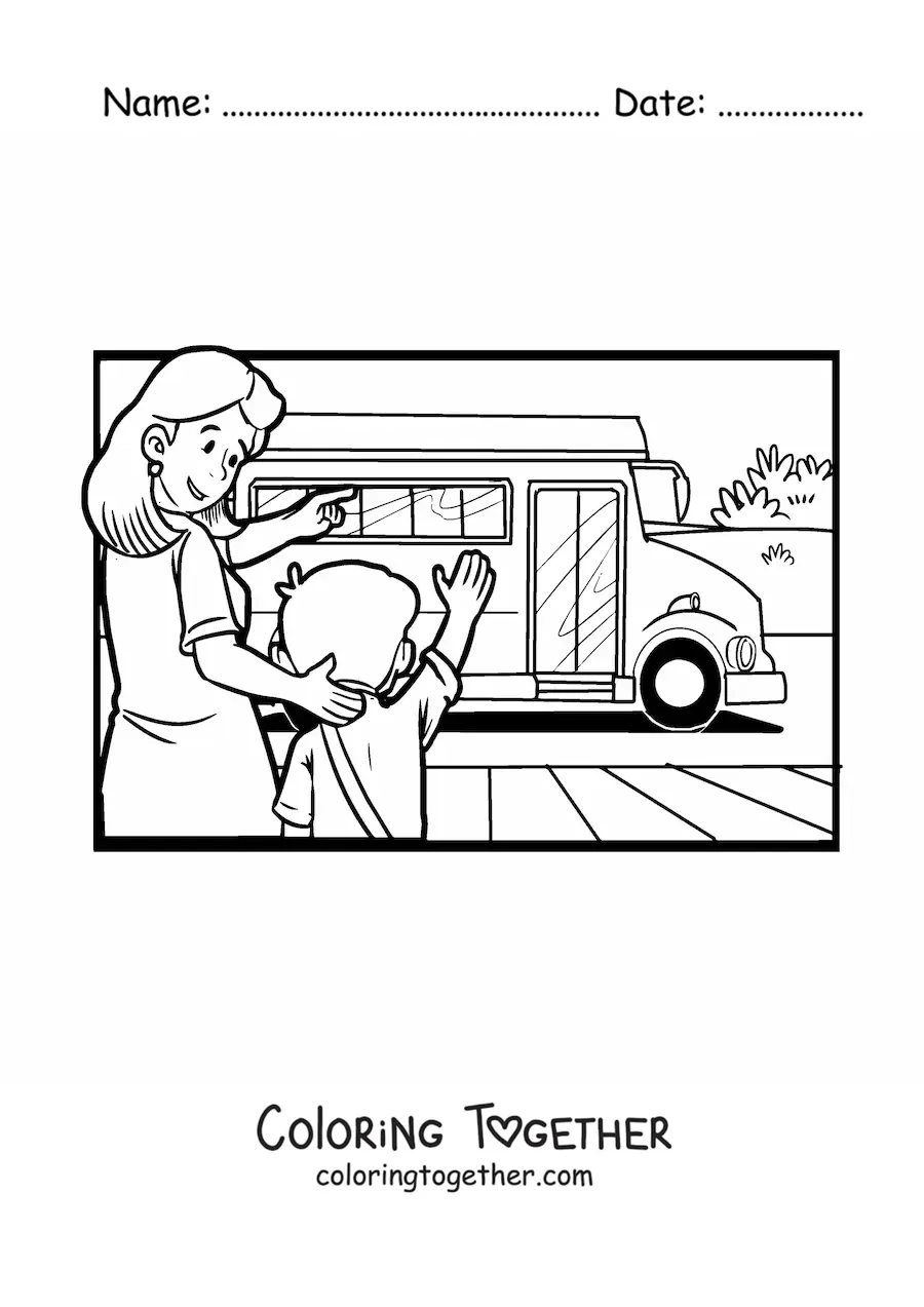 Coloring page of a boy taking the school bus
