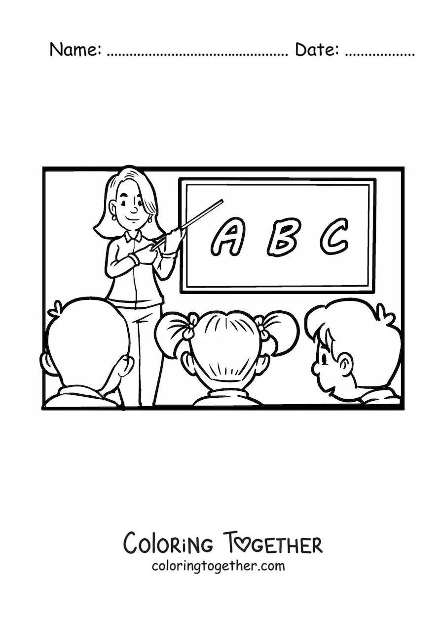 Coloring page of a teacher and the elementary students in the classroom