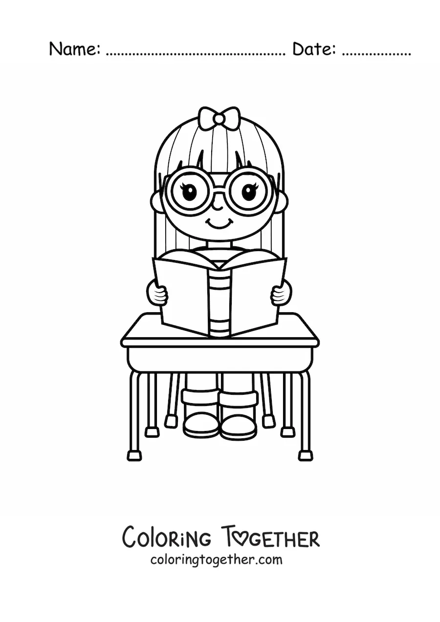 Coloring page of a kawaii girl reading a book at a desk